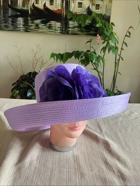 Elegant Purple Satin Ribbon Wide-Brim Hat With Purple Organza Floral Accents